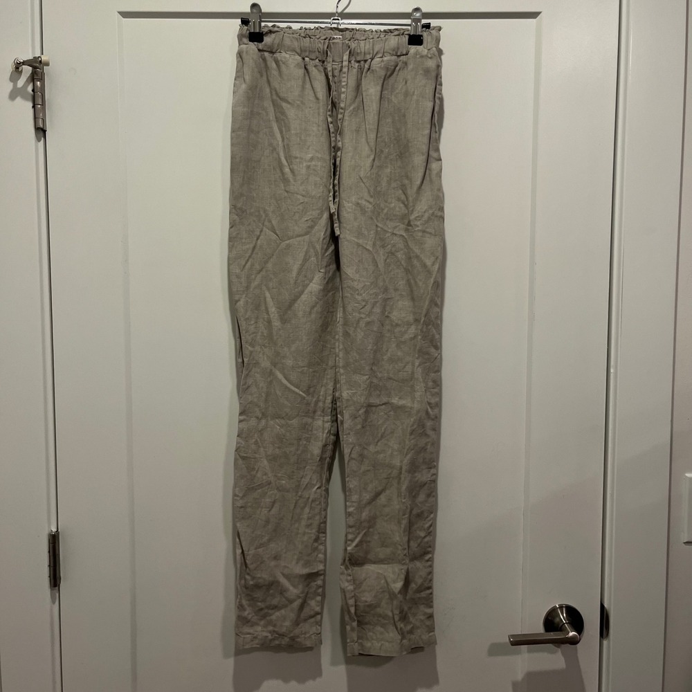 John P Greece Womens Small Taupe Linen Drawstring Paperbag Waist Straight Pants